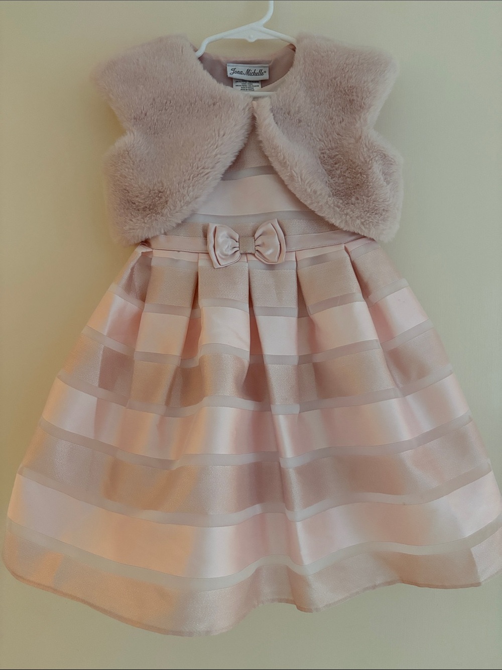 JONA MICHELLE Pink Satin Stripe Party Dress with Faux Fur Bolero Size 4T